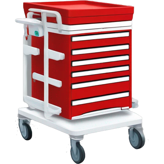 Singular Red medical crash cart is a mobile, multi-drawer unit designed to store and organize emergency medical supplies and equipment emoji