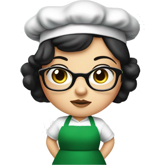 chubby lady with black hair and big eyes green apron  with glasses cooking  emoji