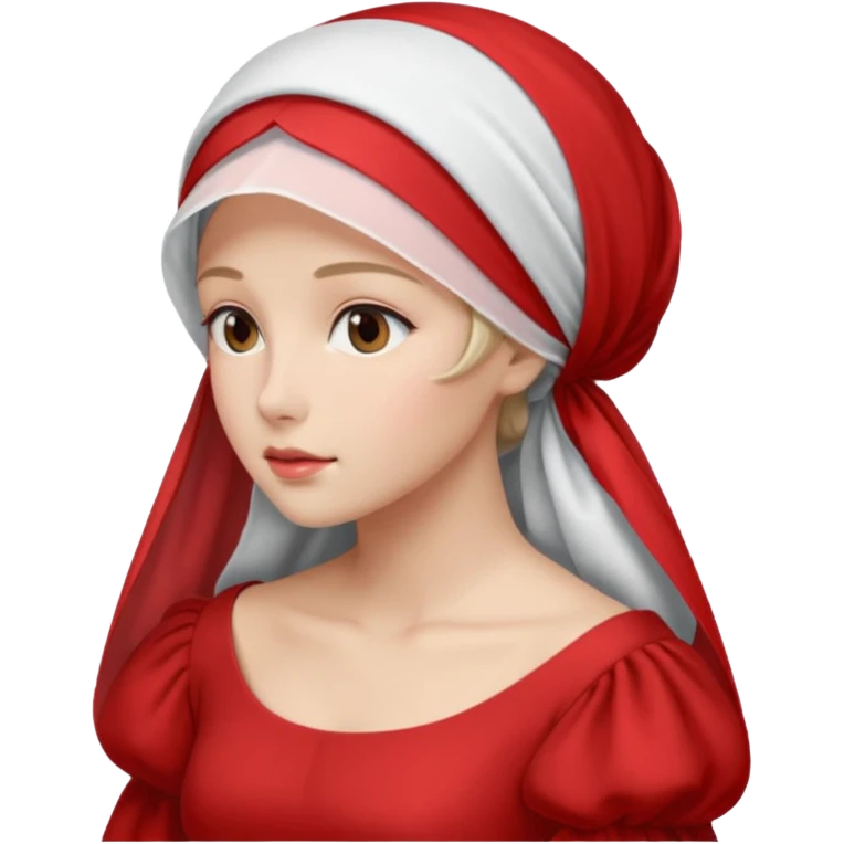 mujer de perfil con un vestido rojo de manga y falsas largas y voluptosas, y una toca blanca que cubre su cara emoji