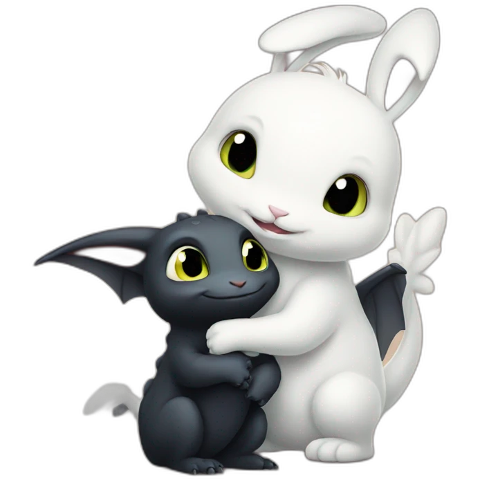 Toothless the dragon hugging a white bunny emoji