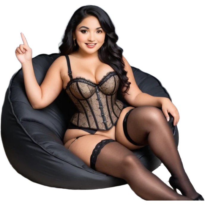 Curvy woman with brown skin with long wavy black hair, dark brown eyes. She's wearing a black lace corset, black lace thong, black stockings and suspender belt, she's sat on a big dark grey bean bag chair with her legs open and feet on the floor. Shes smiling with one hand pointing forward emoji