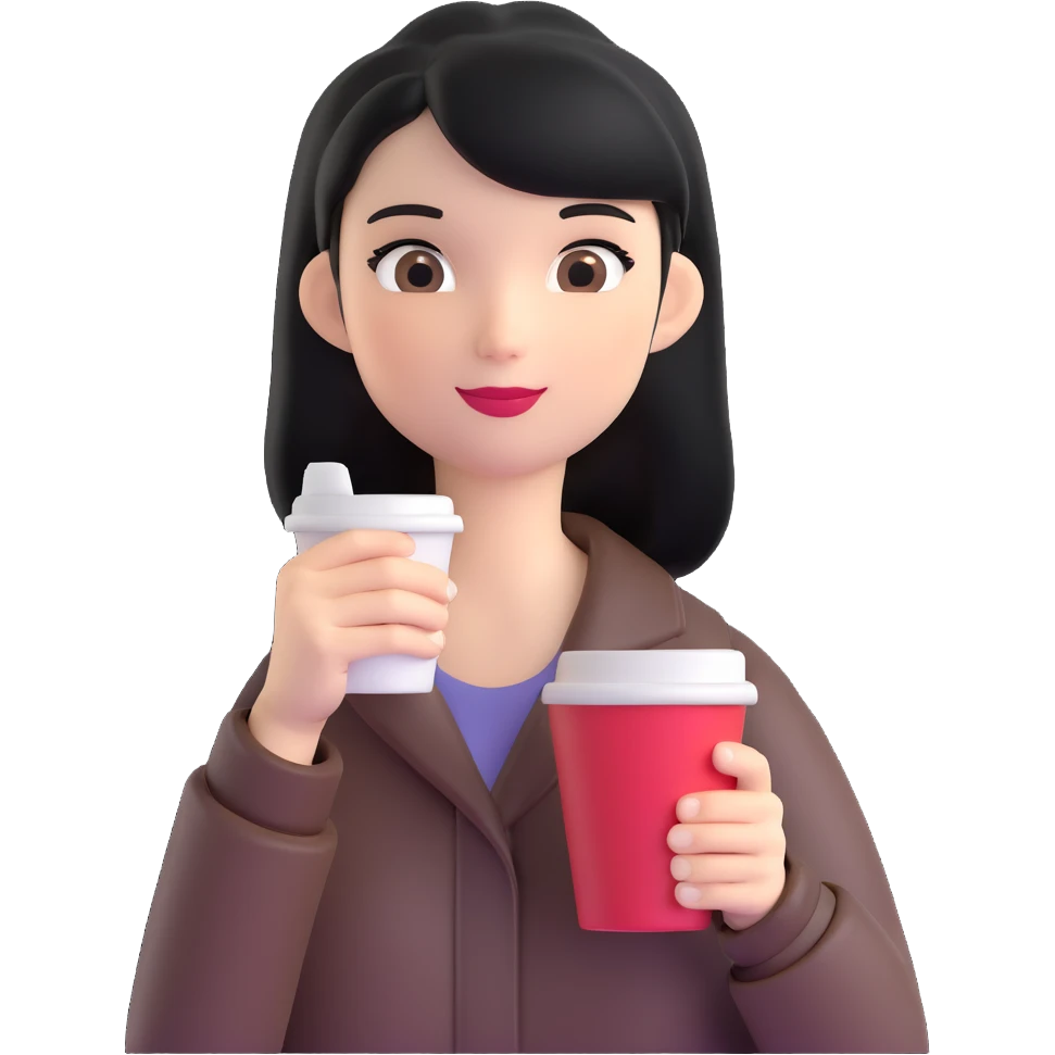black-haired girl with a to-go coffee cup, emoji style emoji