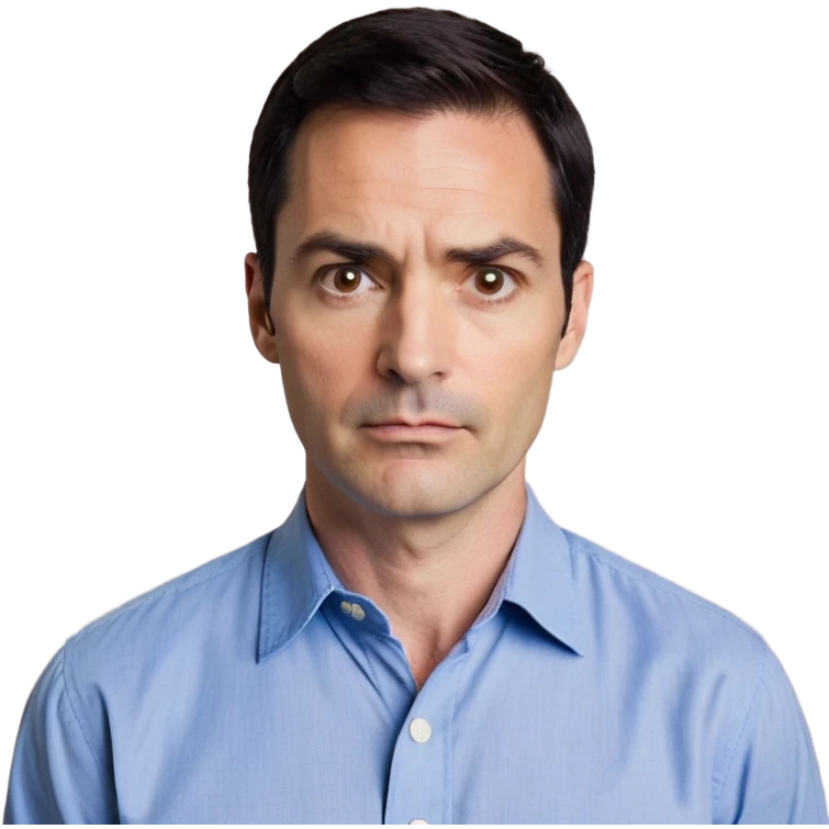 Man in his 40s with wide square face, marked jawline, full cheeks, looking incredulous with raised eyebrows, skeptical expression, medium dark brown eyes widened in disbelief, thick natural eyebrows, wide nose, mouth in a doubting smirk, short neat dark hair, wearing a blue button-up shirt emoji