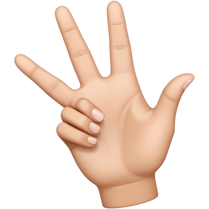 A high-quality 3D-rendered digital illustration of a hand making the YVL hand sign. The hand has a smooth, emoji-style design similar to Apple's hand emojis, with a natural skin tone. The thumb, index, and middle fingers are extended, while the ring and pinky fingers are folded down. The background is transparent or white, with no additional effects or shading. emoji