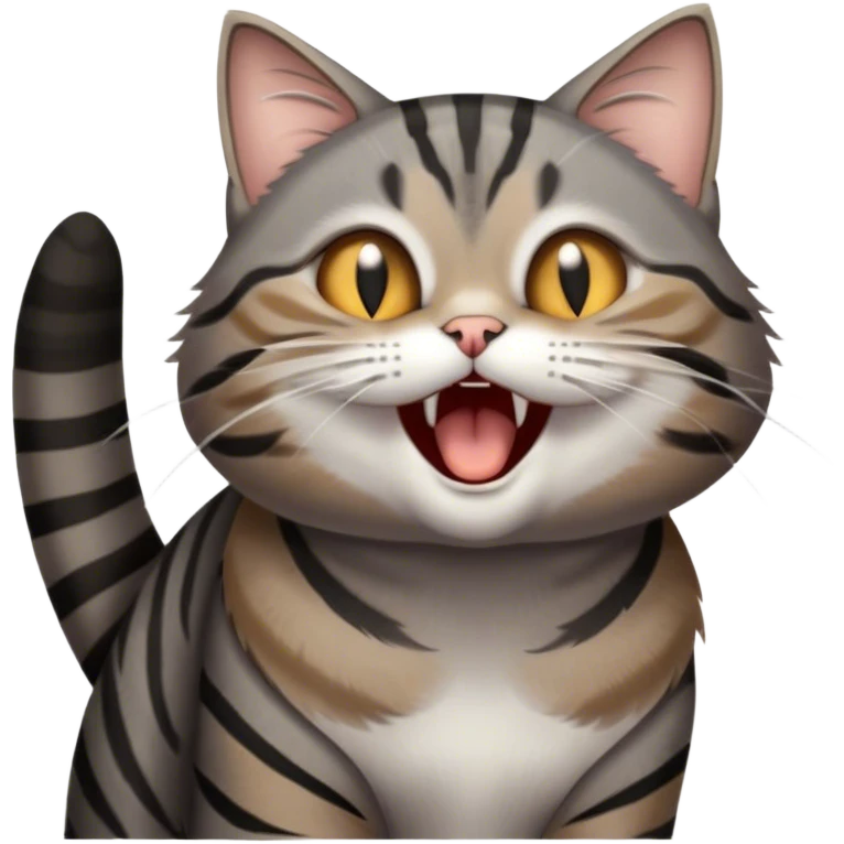 Cinematic Cute Yawning Grey and Black Brown Tabby Cat Portrait Emoji, Head tilted slightly with a dramatic, wide-open yawn, sleek grey-brown fur with dark black tabby stripes, sparkling amber eyes barely open, Simplified yet irresistibly adorable features, highly detailed, glowing with a soft, cozy glow, high shine, relaxed yet expressive, stylized with a touch of whimsy, bright and endearing, soft glowing outline, capturing the essence of a sleepy yet affectionate kitty, so drowsy it feels like it could stretch right out of the screen and curl up for a nap! emoji