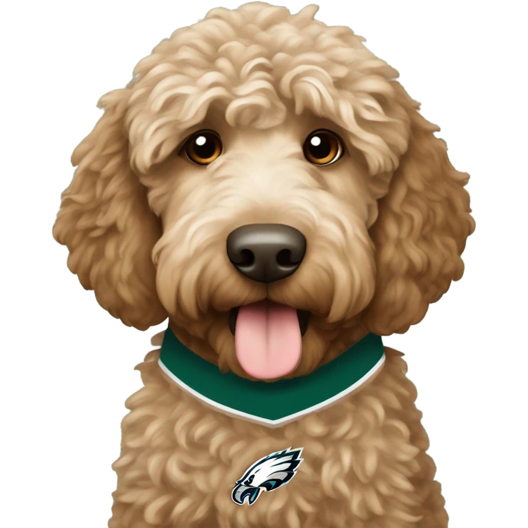 Light brown Labradoodle wearing a Philadelphia eagles jersey emoji