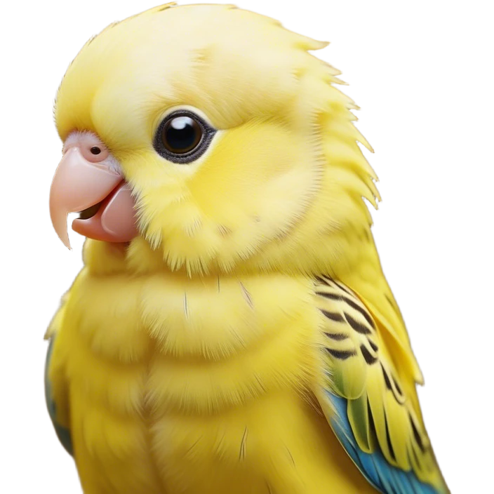 Cinematic Cute Yellow Budgie Portrait Emoji, Head tilted playfully and inquisitively, featuring a radiant yellow feathered fur with a natural sheen, round, sparkling dark eyes filled with curiosity, Simplified yet irresistibly adorable features, highly detailed, glowing with a warm, friendly glow, high shine, affectionate and lively, stylized with a touch of whimsy, bright and endearing, soft glowing outline, capturing the essence of a mischievous yet loving budgie, so playful it feels like it could chirp out of the screen and into your arms! emoji