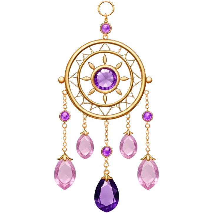 Epic Hanging gold suncatcher, threads with shiny sparkly amethyst and rose-quartz gemstones,  emoji