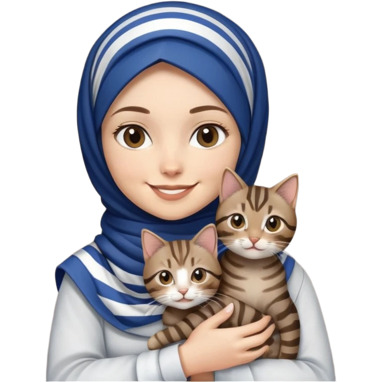 White girl wearing dark blue hijab with white shirt smiling while holding a black grey brown stripes tabby cat emoji