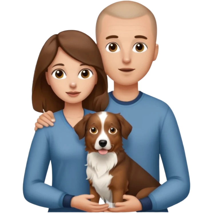 Man with shaved head holding woman with long brown hair and one Aussie dog emoji