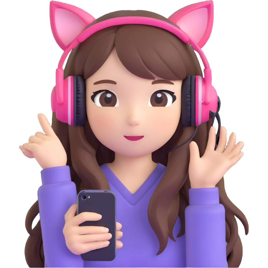 Adorable Japanese girl with long hair, cute cat ear headphones and holding smartphone emoji