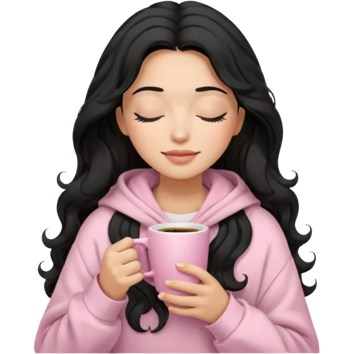hispanic woman, black long wavy hair , closed eyes, feminine face, holding soft pink coffee cup wearing white Hoodie with pink blanket over shoulders emoji