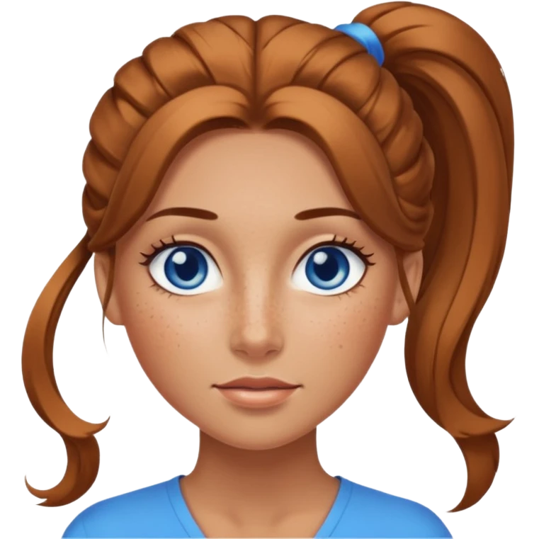 Attractive Woman with tan skin, blue eyes, wide face, freckles, and a long voluminous ponytail  emoji