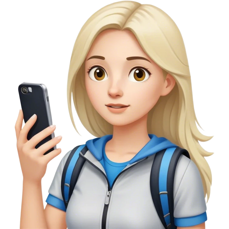 teen tourist girl in modern sports clothes and cell looking up emoji