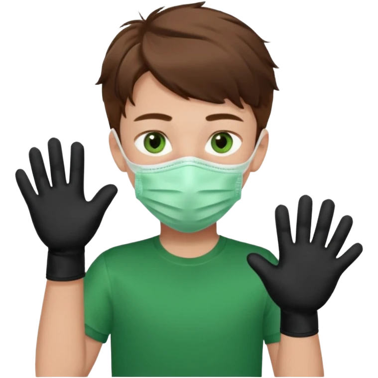 Chico de pelo marrón y ojos verdes, con un cubre boca, que tiene una camisa verde por encima de una remera blanca, y tiene un guante negro en una sola de las manos. Estilo animado emoji