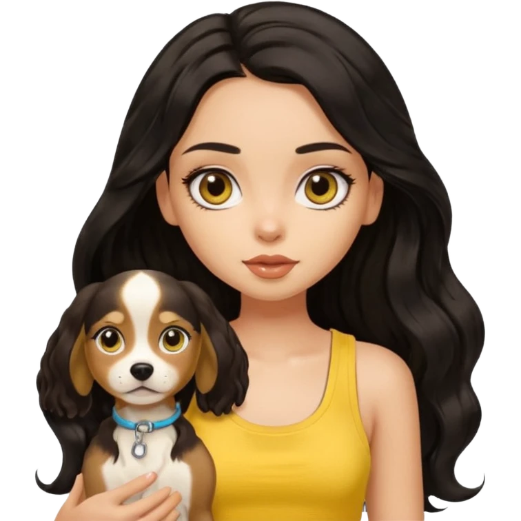 brown pretty bratz girl with long wavy black hair, wearing a yellow tank top with a dog emoji