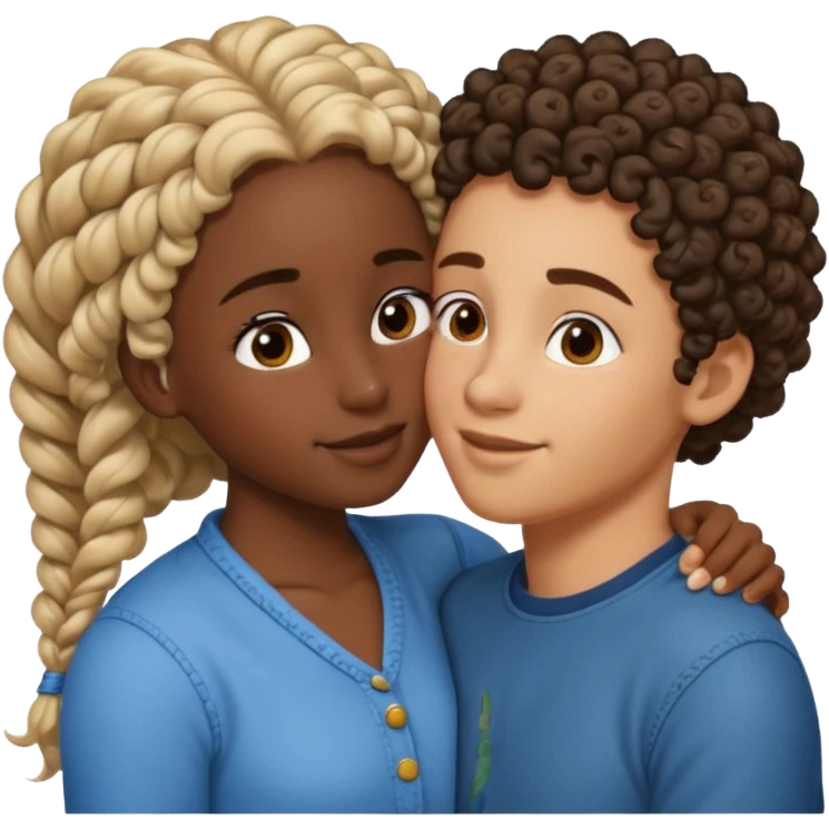 darkskin girl with braids kissing light skin boy with curly hair emoji