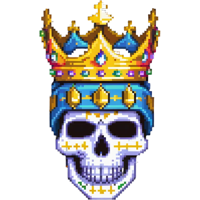 pixel art of a colorful skull with vibrant colors, wearing a gold crown and a bright ski mask emoji