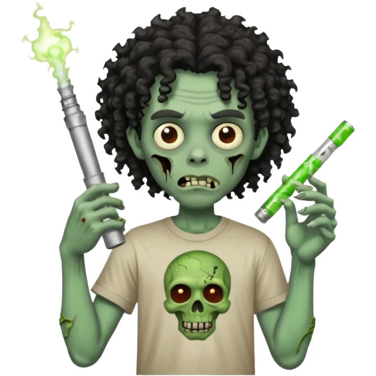 black mid long curly haired zombie getting stoned with weed t shirt and bong on his hand emoji