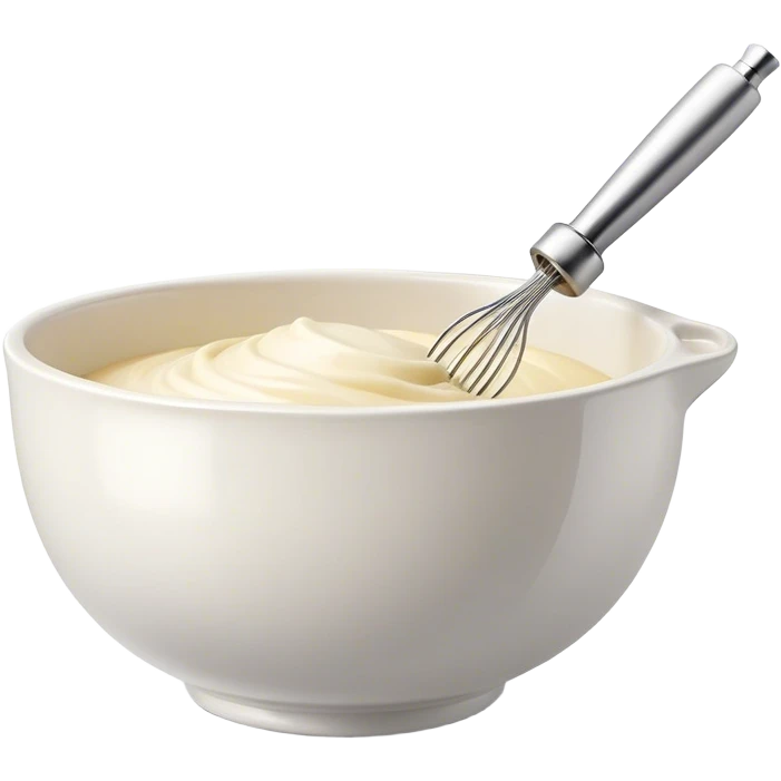 Cinematic Realistic Whisk & Mixing Bowl, a well-used metal whisk resting in a smooth ceramic mixing bowl, light reflecting off the whisk’s polished surface, subtle smears of batter along the rim, glowing with a sense of warmth and creativity. emoji