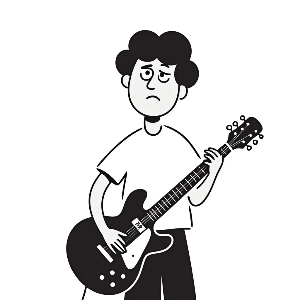 A musician holding a guitar, with a worried expression, looking up at the sky, concerned face, furrowed brow, waiting for an opportunity emoji