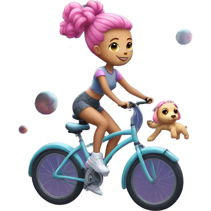 girl with pink hair in space buns riding a bicycle emoji
