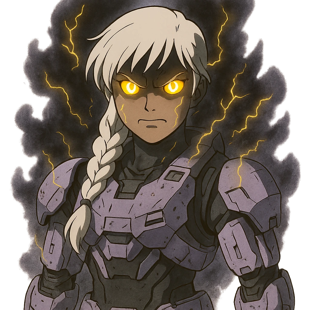 female, wearing reach spartan armor shoulder-unequip, long white braid hair with massive messy front side single bangs, gold yellow eyes, attention pose, D-cup size, HALO:series, no helmet, the armor is lavender color scheme, eyes glowing, demon eye, gleam, rage aura, body steaming dark gray, gold electricity, mouth clowed scowling emoji