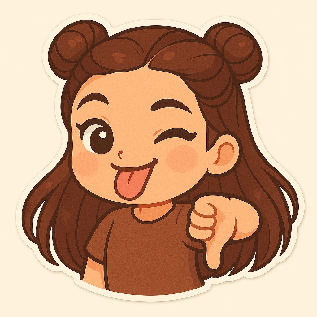Create a chibi sticker of the girl with double bun hairstyle, sticking out her tongue and showing a thumbs down, playful and cheeky. emoji