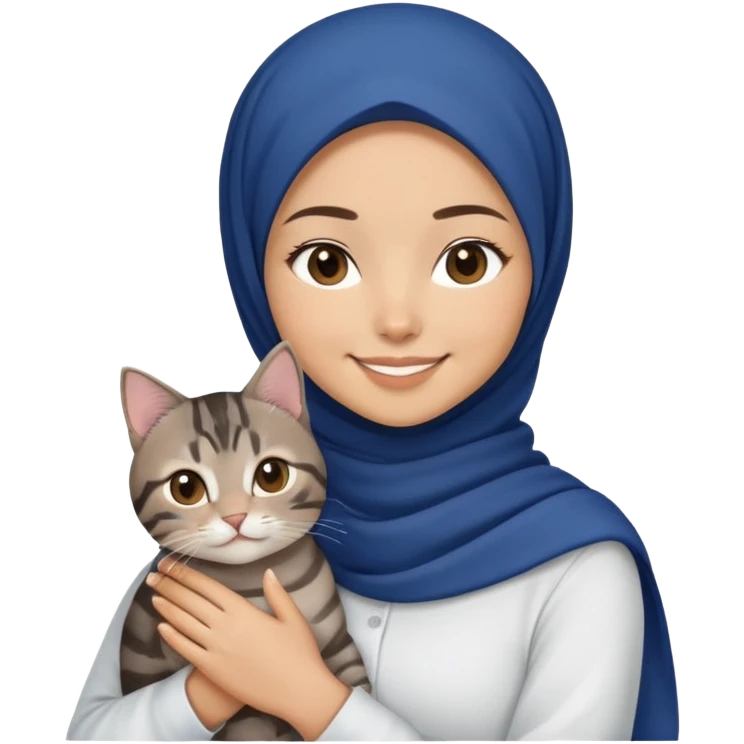 Asian white Girl wearing dark blue hijab with white shirt smiling while holding a black brown grey tabby cat emoji
