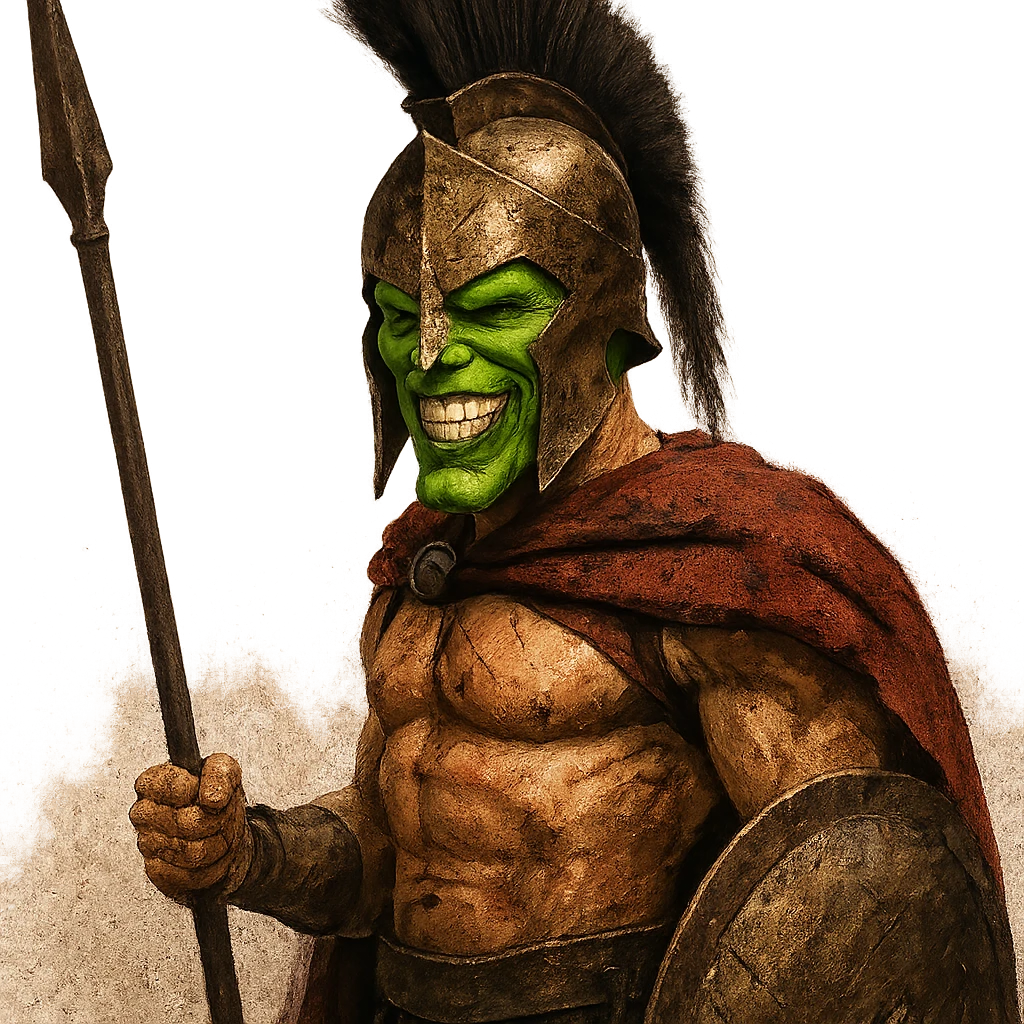 the mask character from 'The Mask' as a Spartan soldier with helmet and armor, in the style of '300' emoji