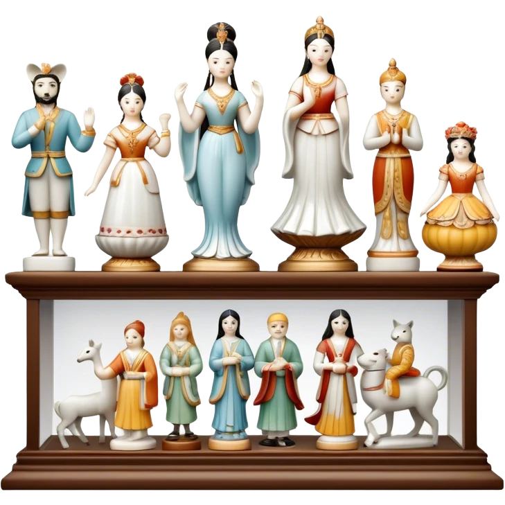 Icon for Porcelain Figurine Collecting: a collection of delicate porcelain figurines, such as animals, dancers, and historical characters, displayed on a shelf or in a display case. The icon should convey the elegance and artistry of collecting porcelain statues. Transparent background. emoji