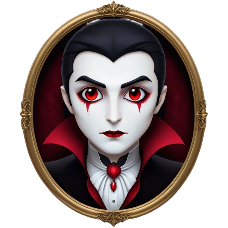 Cinematic Noble Vampire Portrait Emoji, Elegant and commanding, with a refined, pale visage framed by dark, velvet accents and a hint of crimson, exuding timeless seduction and dangerous allure, simplified yet exquisitely detailed, glowing with a soft nocturnal radiance and a subtle, mysterious outline that captures the regal spirit of an immortal lord of the night! emoji