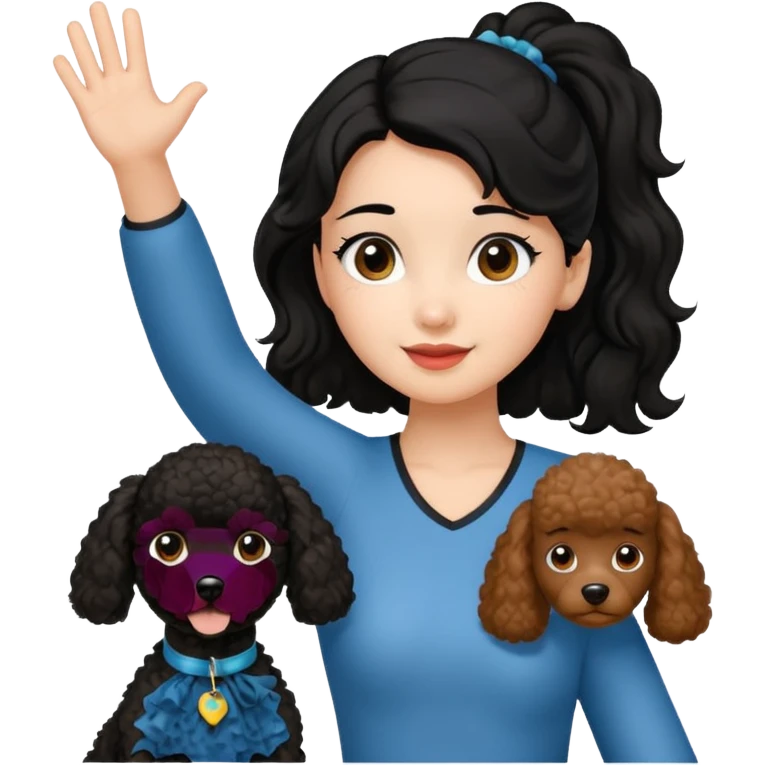Ponytail black hair girl with brown Poodle say goodbye  emoji