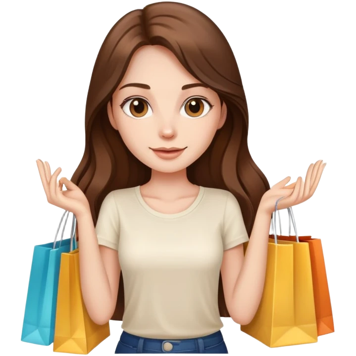 Beautiful Shopping girl long hair holding bags cream shirt emoji