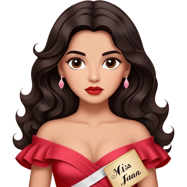 A woman with canela-toned skin, dark voluminous hair in waves, expressive eyes with soft lashes and shimmer, full lips with a glossy nude-pink color, wearing a red dress and a white sash with “Miss San Juan” in black letters, exuding elegance and confidence emoji