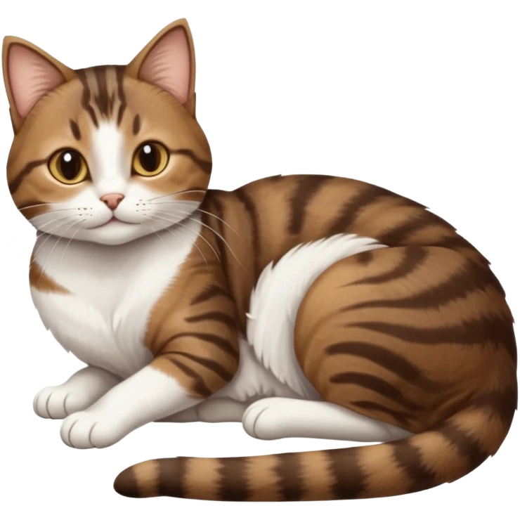 dark brown tabby and white cat with doing a big extremely long stretch reaching up into the air with arms and legs side by side together straight and overextended whilst lying on its side emoji