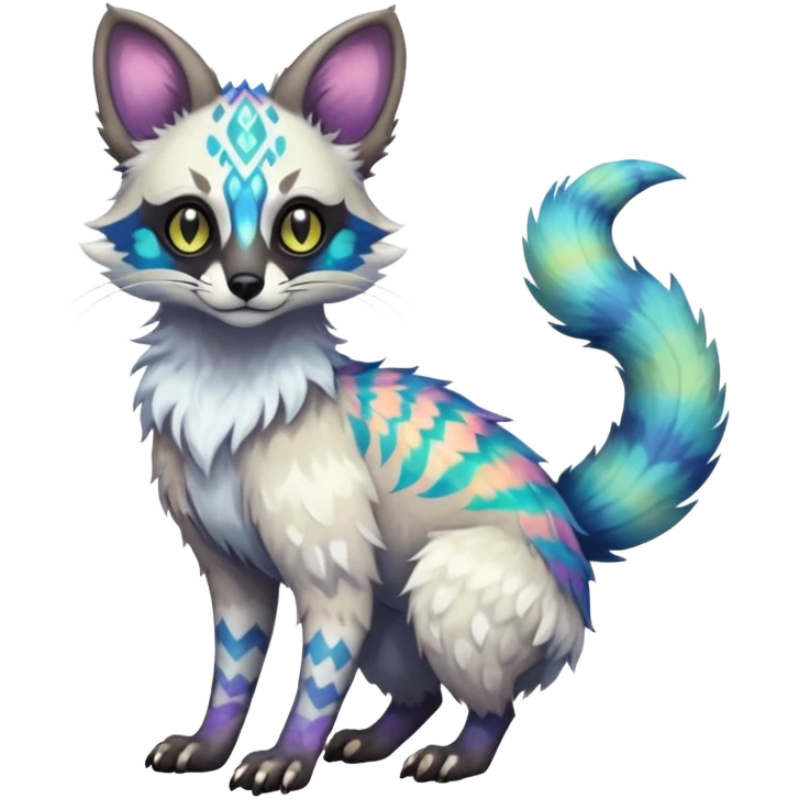 Rare iridescent white exotic epic aesthetic colorful Trico-Genet-species-Fakemon-hybrid-creature, with intricate tattoo markings, full body emoji