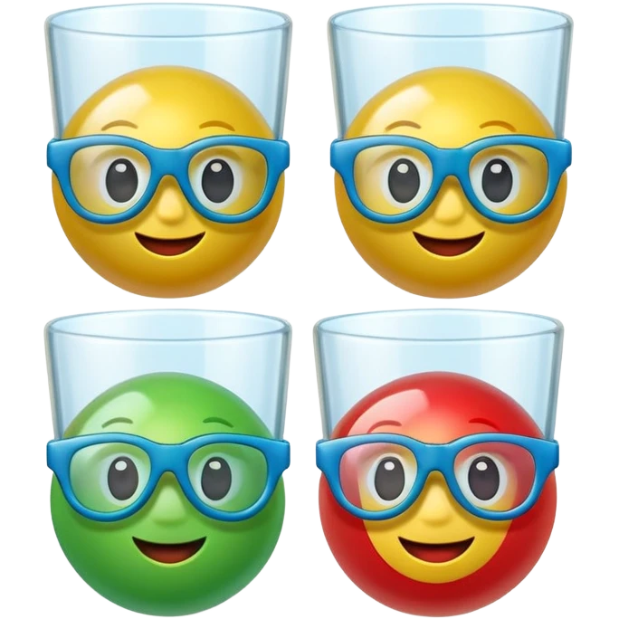 Cute 3D cartoon emoji sticker of a plastic glass-and-ball game with three glossy plastic glasses (blue, green, red) and a yellow ball. Soft lighting, smooth shadows, playful look, white sticker outline, transparent background, high resolution.” emoji