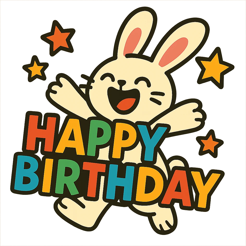 laughing bunny hugging "Happy Birthday" letters with stars, vibrant toon style, bright colors, dynamic emoji