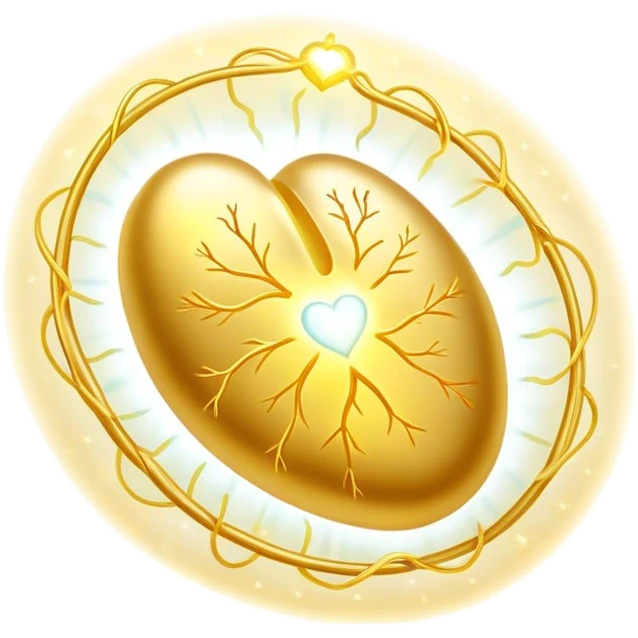 Glowing golden omega-3 pill with ethereal aura, connected by flowing energy to a luminous brain and heart. The brain shows enhanced neural activity while the heart pulses with healthy rhythm, all surrounded by a soft radiance representing improved cognitive and cardiovascular health. emoji