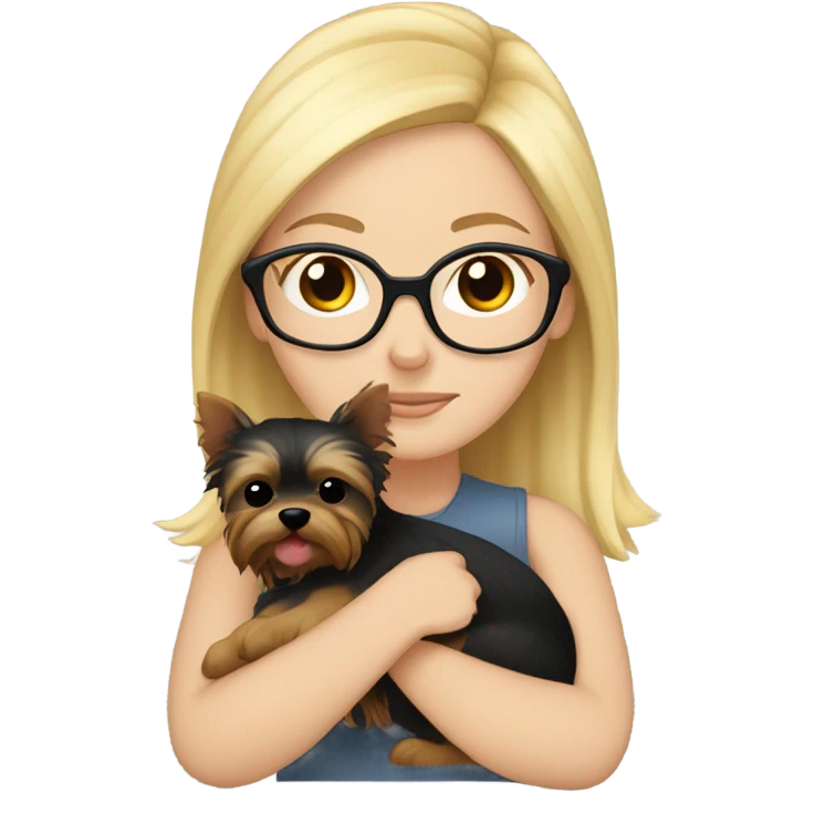 White girl, blonde hair, eyes closed, wearing glasses hugs Yorkshire terrier  emoji