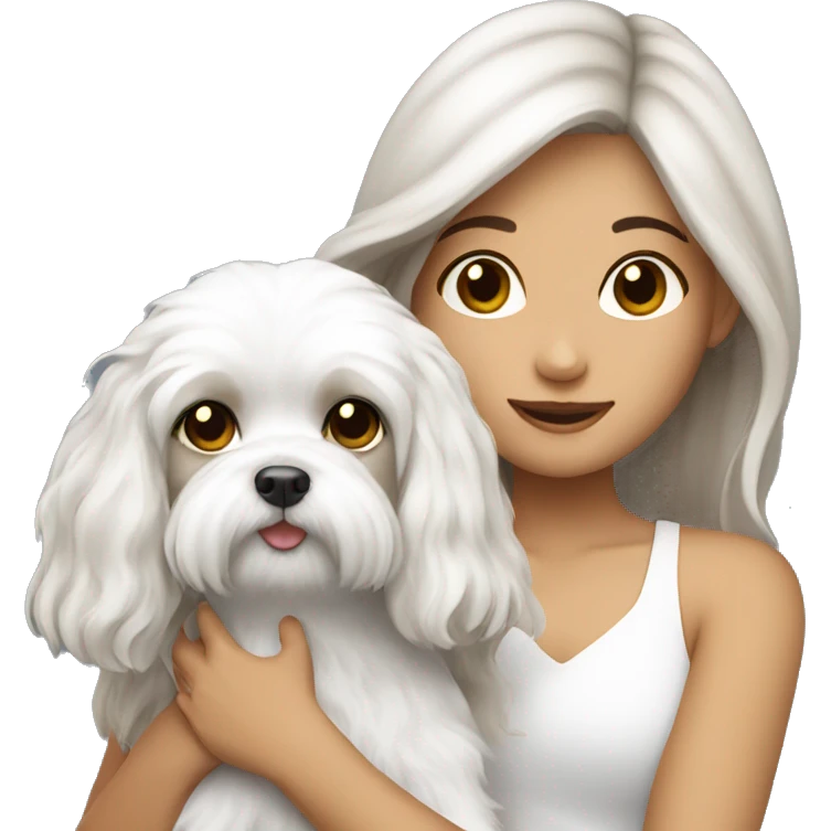 Brunette girl long hair holding a Maltese dog emoji