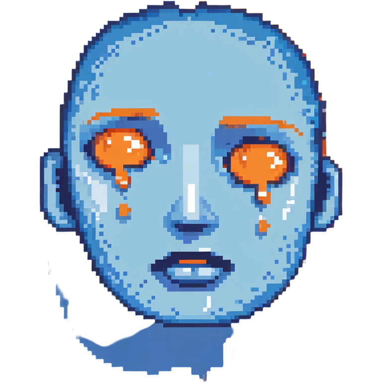 Pixelated face with blue sweat droplets, nervous expression emoji
