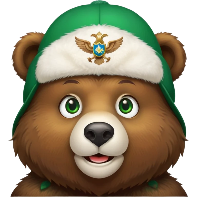 Smiling brown bear face with vivid green eyes, wearing traditional white ushanka hat featuring double-headed eagle emblem, Russian style emoji
