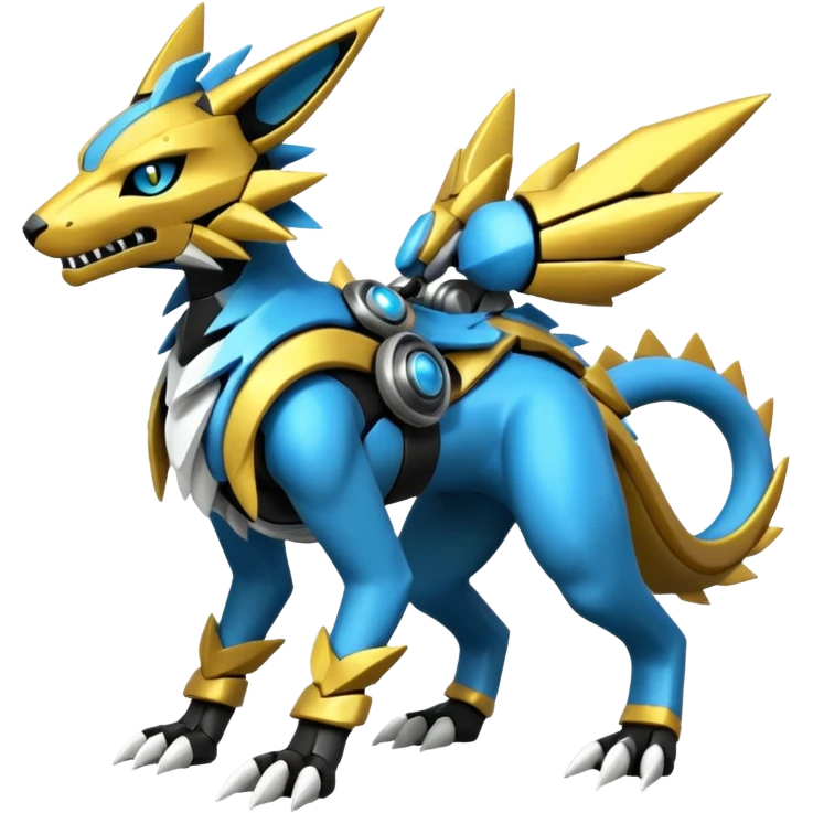 Mechanical Zeraora-Vernid-Primagen-Protogen-Fakémon-Pokémon-creature-fusion (full body) emoji