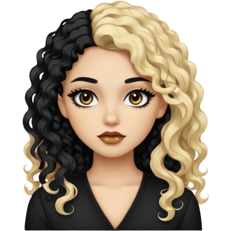 split dye leftside blonde rightside black-brown hair, baddie, pretty makeup, black eyeliner, long curly hair emoji