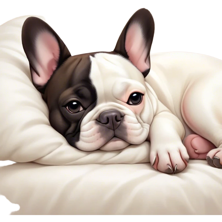 Meme-Worthy Cute Sleeping Pied French Bulldog Portrait Emoji, Head resting peacefully with a gentle, contented smile and eyes softly closed in serene repose, showcasing a distinctive pied fur of contrasting hues and a lovable, relaxed expression, simplified yet irresistibly adorable, highly detailed, glowing with a soft, drowsy radiance, high shine, exuding calm, endearing charm, styled with a gentle, soft glowing outline, capturing the essence of a sleeping Pied French Bulldog that appears destined to be the next viral symbol of adorable, sleepy delight! emoji