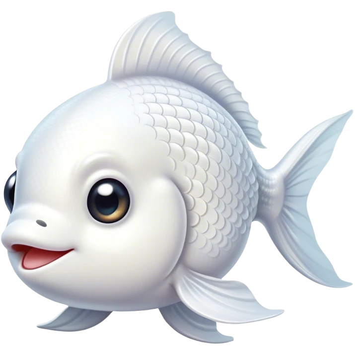 Cinematic Cute White Goldfish Portrait Emoji, Head tilted playfully and inquisitively, featuring a glossy, pure white body with delicate, shimmering scales and round, sparkling pale eyes filled with curiosity, Simplified yet irresistibly adorable features, highly detailed, glowing with a warm, friendly glow, high shine, affectionate and lively, stylized with a touch of whimsy, bright and endearing, soft glowing outline, capturing the essence of a mischievous yet loving goldfish, so playful it feels like it could swim out of the screen and into your heart! emoji