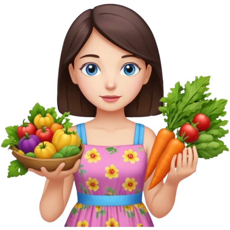 Turkish beautiful finish Konya girl blue eyes with floral pink and yellow lila dress and she had on her hand vegetables  emoji
