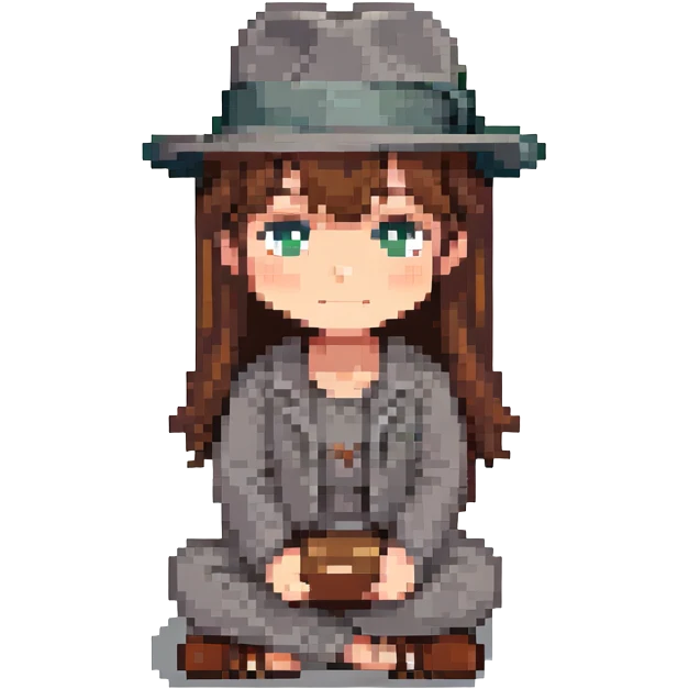 pixel art, girl with brown hair, grey fedora, sitting pose emoji